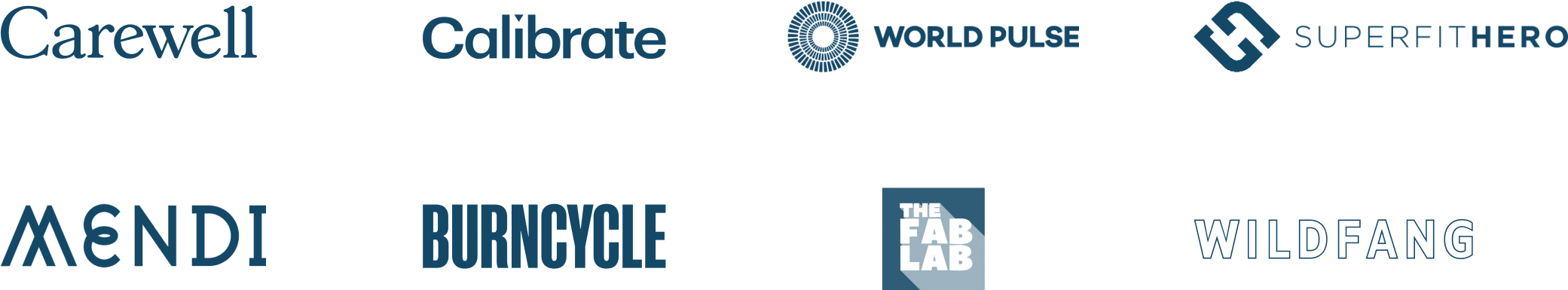 Logos for 23andMe, Humana, bareMinerals, Smile Direct Club, Peloton, Greater Goods, The Fab Lab, Burncycle, Shanti, Wildfang and Chewy.com
